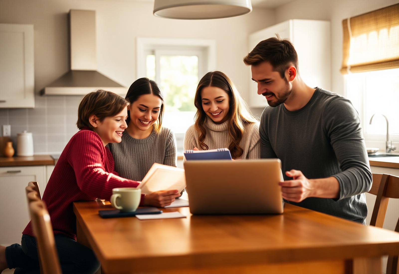 Family reviewing finances together at home